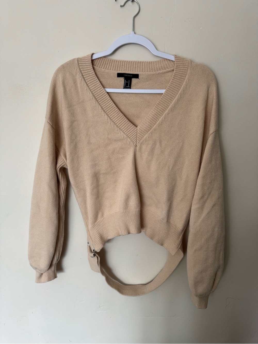 Forever 21 Beige V-Neck Crop Sweater with belted back